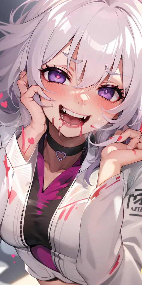 1girl,heart-shaped pupils,fingernails,hands on own face,white hair,purple eyes,(blush:1.1),choker,upper body,trembling,sweat,sweatdrop,heart,(speed lines:1.1),medium breasts, ((heavy breathing:1.3)), love, crop top, happy, smile, vampire teeth, vampire, bl...