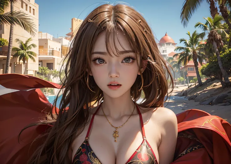 独奏, (Red and gold bikini:1.1), Beautiful beach with palm trees in the background, cleavage of the breast, (Light brown eyes:1.2), Blonde hair, Left and right symmetrical eyes, symbol-shaped pupils, wide eyes, longeyelashes, Solid Circle Eyes, makeup, （Laug...