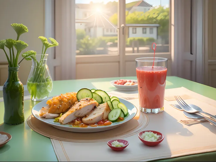 dining table, A plate of tender and sliced chicken, Garnish with slices of green onion and cucumber, Chili garlic sauce.A glass of juice.Sunlight outside the window