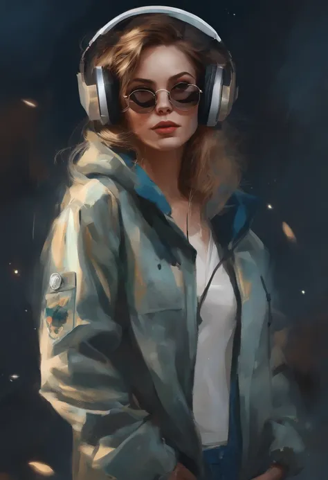 Perfect centering, a cute little cat, Wear a student jacket, Wearing sunglasses, Wearing headphones, Standing position, Abstract beauty, Centered, Looking at the camera, Facing the camera, nearing perfection, Dynamic, Moonlight, Highly detailed, Digital pa...