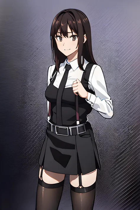 Black skirt, 　suspenders, Brown hair Gray eyes, Garter belt on the legs, Tight black clothes, 　　 a belt　Armpit sweat　　Dark look　Moderately breasts　holster　Fold your hands behind your back