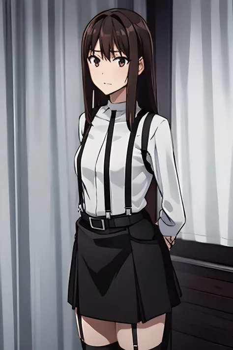 Black skirt, 　suspenders, Brown hair Gray eyes, Garter belt on the legs, Tight black clothes, 　　 a belt　Armpit sweat　　Dark look　Moderately breasts　holster　Fold your hands behind your back