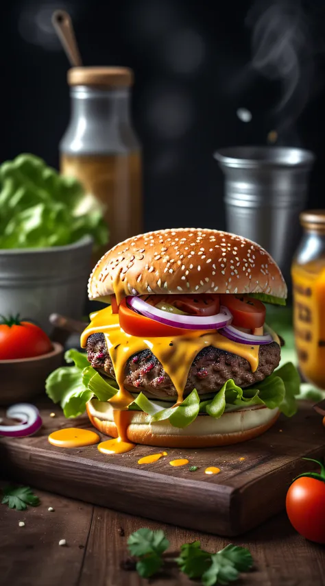 masterpiece, best quality,burger photo, food, food focus, no humans, tomato, blurry, still life, realistic, burger, cup, lettuce, fruit, onion, bowl, depth of field, vegetable, blurry background, cheese, bottle