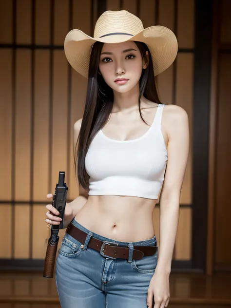 1 girl, masutepiece, macross delta splash art,  Best Quality, White tank top, Midriff, Short Blue Jeans, Small breasts, Cowboy Hat, Gun holster on the waist, Highly detailed guns, realistic gun, Colt Peacemaker in hand, Gun aimed at the front, Sheriff Badg...