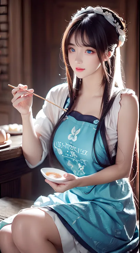 (Best quality, Ultra-detailed, Realistic:1.37), sliver long hair, Fantastic blue eyes, Happy woman beating eggs with chopsticks, Soft lighting, pink apron, illustration, bangs, Flowing hair, Gentle breeze, Shiny hair