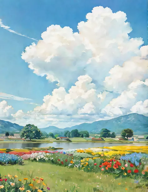 A field was drawn，There are flowers and a river in the middle, anime countryside landscape, Summer landscape, author：Miu Komatsu, lindo cenario, author：Kim Hwan-ki, Detailed scenery —width 672, author：Takeji Fujishima, author：Kentaro Miura, peaceful landsc...