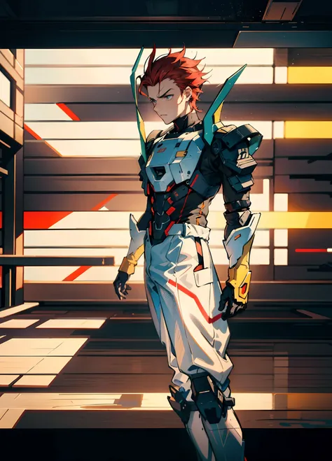 A man with short red-gold hair, hair slicked back, thick and disheveled hair, a cold and ruthless gaze, a confident expression, wears a two-piece futuristic military-style uniform, primarily in shades of white and red, accented by touches of yellow, stream...