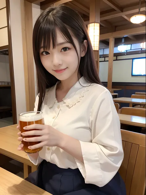 top-quality,cute Japanese girls,25-years old,blouse,OL attire,Fluffy smile,Idol,Drinking beer with one hand,izakaya,inside restaurant,natta