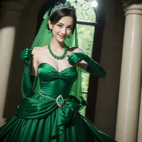 emerald tiara, Green Pearl Necklace, Boyish very short green hair, lipsticks, Japan woman smiling, very short short hair, fist, big breasts beautiful, Green eyes, Long green gloves made of satin material, Green eyes, Emerald Earrings, lesbian ,the kiss