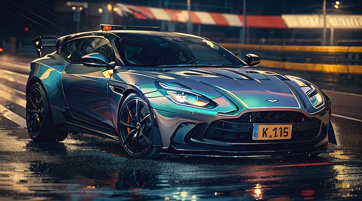 (8k, RAW photo, best quality, masterpiece:1.2), (realistic, photo-realistic:1.37), (full body:1.3) (detailed), (highres), high angle shot 3/4 view aston martin db11 wagon driving on a race track, stormy weather, (wet:1.2), 8k uhd, high quality,cinematic,(r...