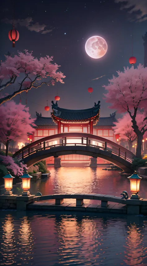 the night，Pink moon，Suzhou Garden，Lanterns，Kongming Lantern，1 arch bridge，Paper sculpture x1.5，Tilt-Shift，Cloud x1.3，Osmanthus x1.2，Soft lighting，Oriental elements，Dreamy，Pastel colors，Bright colors，Traditional Chinese color scheme，reasonable design，Clear ...