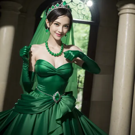 emerald tiara, Green Pearl Necklace, Boyish very short green hair, lipsticks, Japan woman smiling, very short short hair, fist, big breasts beautiful, Green eyes, Long green gloves made of satin material, Green eyes, Emerald Earrings, lesbian ,the kiss