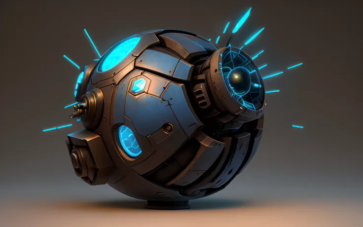 Spherical energy body，Blue energy light，energy core，The interior glows blue energy lights，Sci-fi sense，metalictexture，The winds of doom，Slight rust，Hard surface 3D, Cyberpunk elements，Industrial feel，More metal parts，red shift render, hard surface modeling...