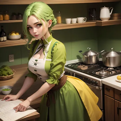 Personagem rpg Cozinheira lutadora linda, cabelo curto verde, olhos amarelo claro, roupa de cozinha verde escuro