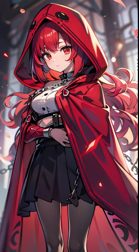 upper body, 1woman, Red hair, Long Haired, wavy bob hairstyles, Red eyes, (Red Riding Hood), Red Hood Cape, big breats, wallpaper, Chain background, light particles, (masterpiece), best quality, Top Quality, pale white skin