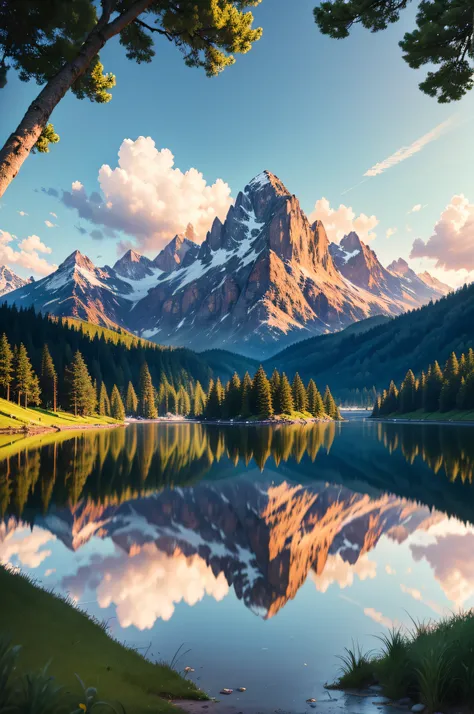 best quality, highres, ultra-detailed, realistic:1.37, vibrant colors, bokeh, HDR, sharp focus, studio lighting, physically-based rendering, masterpiece:1.2, detailed grass, tall pine trees, serene lake, breathtaking cloud formation, majestic mountain peak...