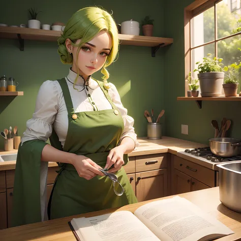 Personagem rpg Cozinheira lutadora linda, cabelo curto verde, olhos amarelo claro, roupa de cozinha verde escuro