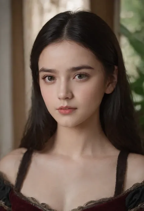 A 13-year-old girl before puberty，pale-skinned，The long, Straight black hair. Big, dark eyes , The expression is strong and mysterious. Wearing orphan movie costume style, With a more elegant and refined touch, Something that matches her mysterious and str...