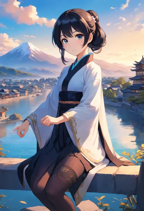 Black color hair，High ponytail curls，black big eyes，White silk Hanfu，Blue sky，The mountains and rivers of the national style，Full body photo，Wear black stockings，Wear long-legged high heels