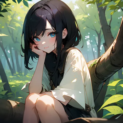 Beautiful illustration、top-quality、girl with、Black hair、shorth hair、A slight smil、dynamic ungle、(((Delicat eyes)))、verd s eyes、Sit on a tree、in woods、Sunlight