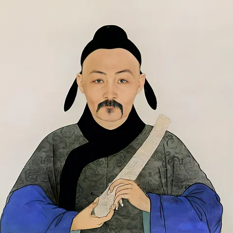 of a guy，Chinese Ming Dynasty，Protruding cheekbones，Slightly skinny，Apricot eyes（Eyes with distinct features），Bazi Hu，Headband with black hard-footed hat，Wearing Hanfu，Holding a jade ruler in his hand，Hasselblad lens，photorealistic portrait。