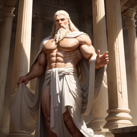 Painting of Zeus, the Greek god of thunder, a powerful and majestic appearance with a magnificent and commanding presence, a tall and strong man with a chiseled physique, long white hair and beard, his eyes shine with a radiant shine and golden light, he w...