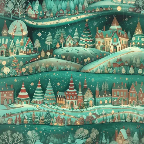 a close up of a christmas ornament with a town and a river, illustrated in whimsical style, cosy enchanted scene, beautifully illustrated, etsy, whimsical art, whimsical forest, illutstration, very wow, magical scene, very coherent stylized artwork, with l...