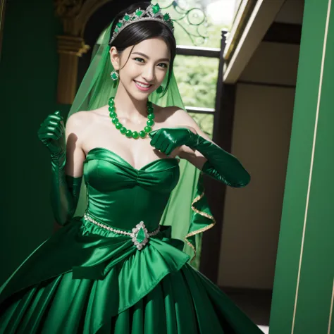 emerald tiara, Green Pearl Necklace, Boyish very short green hair, lipsticks, Japan woman smiling, very short short hair, fist, big breasts beautiful, Green eyes, Long green gloves made of satin material, Green eyes, Emerald Earrings, lesbian ,the kiss