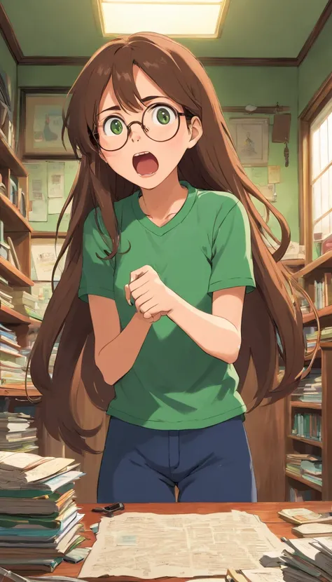 A girl with a long brown hair,with eyeglasses,wearing green shirt,yelling,serious face,messy room.