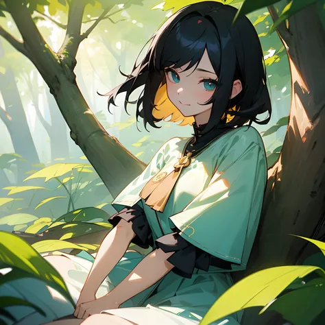 Beautiful illustration、top-quality、girl with、Black hair、shorth hair、A slight smil、((dynamic ungle))、(((Delicat eyes)))、verd s eyes、Sit on a tree、In a beautiful forest、Sunlight