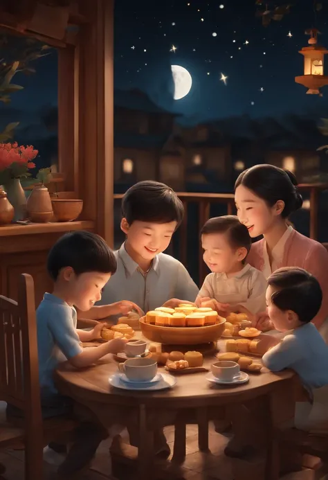 (top-quality、8K、tmasterpiece:1.3)、Full moon and stars in sky illustration，The family sits together eating mooncakes,Mom and dad laugh with the kids，grandfather laugh with grandmother, Have in the living room、Bright house scene，extremely detailed face and s...