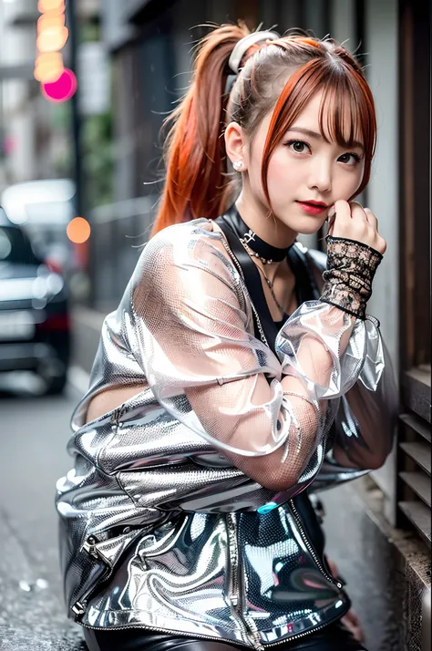 sologirl,Back alley in heavy rain,Drenched bad girl,piercings,Punk rock fashion,Punk rock shirt with chain,Punk rock pants with chain,a choker,(The whole body is soaking wet,Rainwater dripping from the face,Wet face,wetting hair,Wet and glowing skin,Soakin...