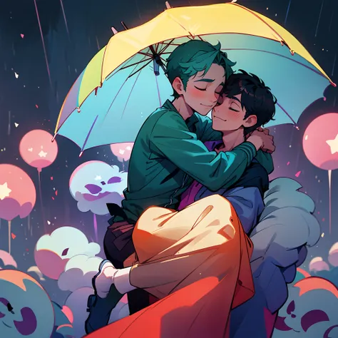 a gay couple hugging, cute movie scene, rainy, two men