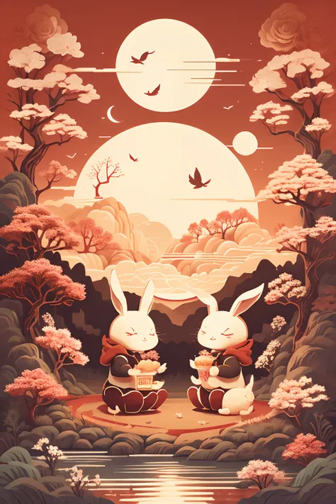 two cute rabbits eating mooncakes，osmanthus trees around，the sky has a bright moon，mid-autumn festival，warm color，medium shot，re...