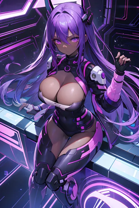 Futuristic girl, Dark skin, a purple eye, space, Purple hair, Blue hair, Pink hair, Long hair, Dark skin, Futuristic coffee shop，big breasts exposed cleavage，Full body detail 4K，Dreamlike，and its detailed completeness