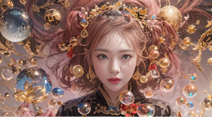 32K（tmasterpiece，k hd，hyper HD，32K）Curly hair with ball tips，Flowing bubbles，ponds，zydink， a color，  Asian people （water sphere）， （Colorful bubbles）， Combat posture， looking at the ground， Large rolls of rouge bubbles， Flowing rouge curls，Crystal tiara， Ch...