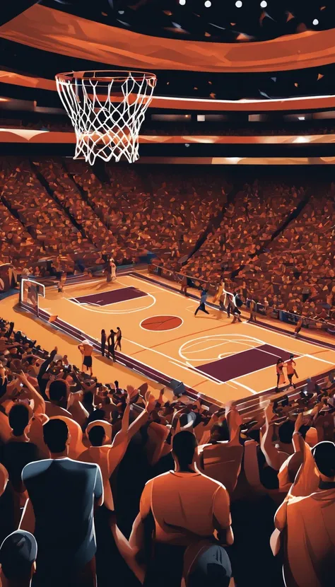 Vector graphics，Playing the Basketball，Stadium,audience cheering， Professional vector, Full shot, 8K resolution, Impressive illustration