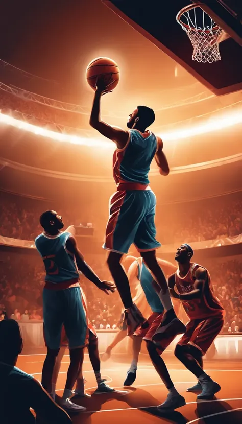 Vector graphics，Playing the Basketball，Stadium,audience cheering， Professional vector, Full shot, 8K resolution, Impressive illustration