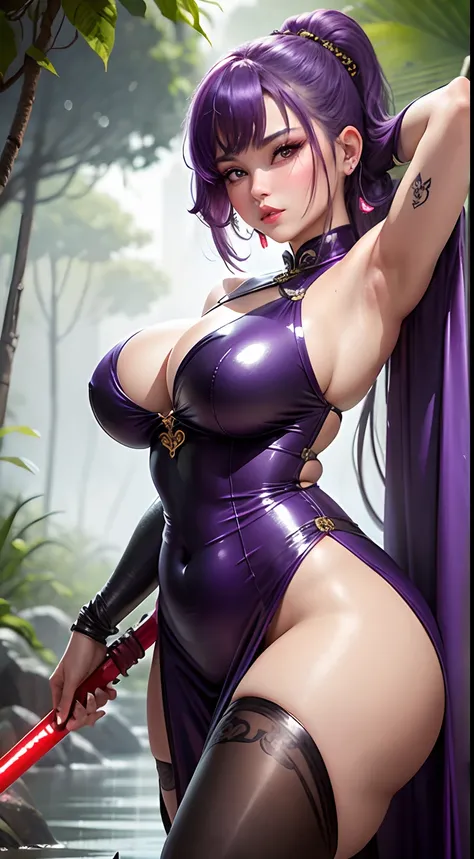 Glossy Metallic Silver Long Cheongsam　Chinese Idol　Purple hair　Shorthair　red-lips　Chaiborg　Flushed Face Mature Woman　cute little　bbw　Whip whip　plump waist　Contemptuous gaze　perplexed look　large boob　full of sweat　sweaty and shiny skin　Clean armpits　Under t...