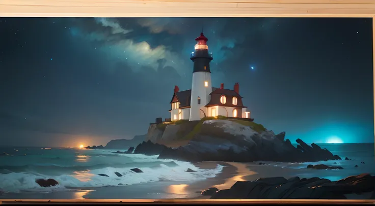 lighthouse in the beach, night sky, rule of third, camera on the beach, landscape