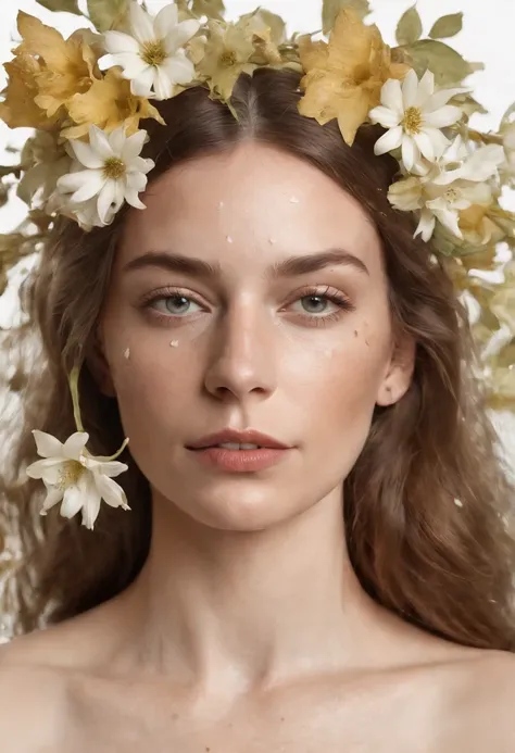 Caucasian woman in an illustration with dripping flowers on her face,upper body, in the style of collage-based, made of insects, william wegman, colorism, white background, pencil art illustrations, national geographic photo