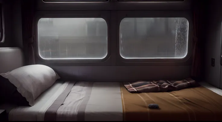 Masterpiece,best qualtiy,Fluffy quilt,Train sleeper,Train carriage with window,It was raining outside the window，Rainy days,Dimly lit,cozy bed,photorealistic cinematic render