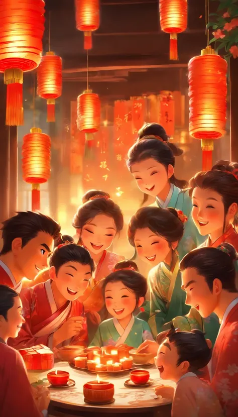 Family at the dinner table，A family eats mooncakes，Men honor their parents with gifts in their hands, Happy family, There are mooncakes on the table,Gift in hand， tea drinking and paper lanterns, warm and joyful atmosphere, Digital illustration, Poster ill...