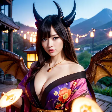 (((Fierce battle with aliens))),Professional , ​masterpiece、top-quality、photos realistic , depth of fields 、（sexypose）、(Black maple on the background of full bloom),（Ultimate Beauty）、A dark-haired、Mystical expression、（shrine background)、（Kimono with beauti...