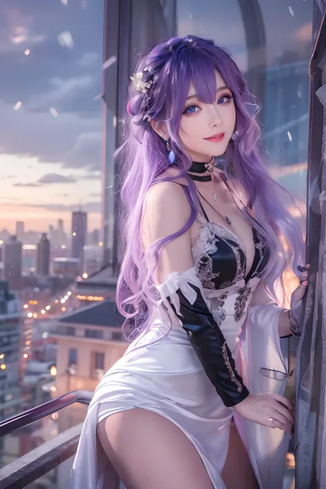 (Masterpiece), (Best quality), In winter, Sunset, Cityscape, (Huge_filesize), (Real), (Realistic), Girl, Long hair, Purple hair, Wavy hair, Makeup , Light smile, Blue eyes, Medium breasts, Wedding_dress, Bare_bshoulders, white thighhighs, Earrings, jewelry...