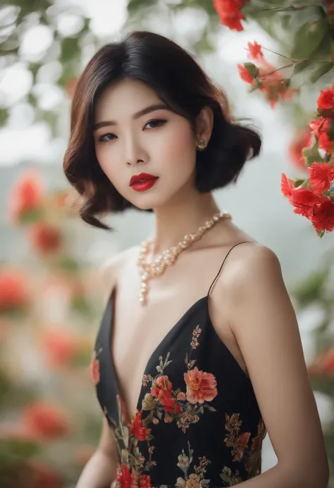 korean girl, short black hair, big lips, long flower dress, 22 years old