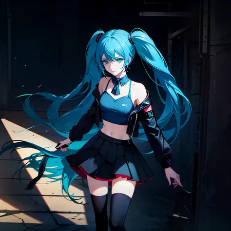 (8k,1girl, solo, azure hair with black fringes), Hatsune_Miku, dark colours, (gothic crop_top, black leather jacket) , mascara, (green and red micro skirt, sporty black kneehighs) , shoulder look, unimpressed expression