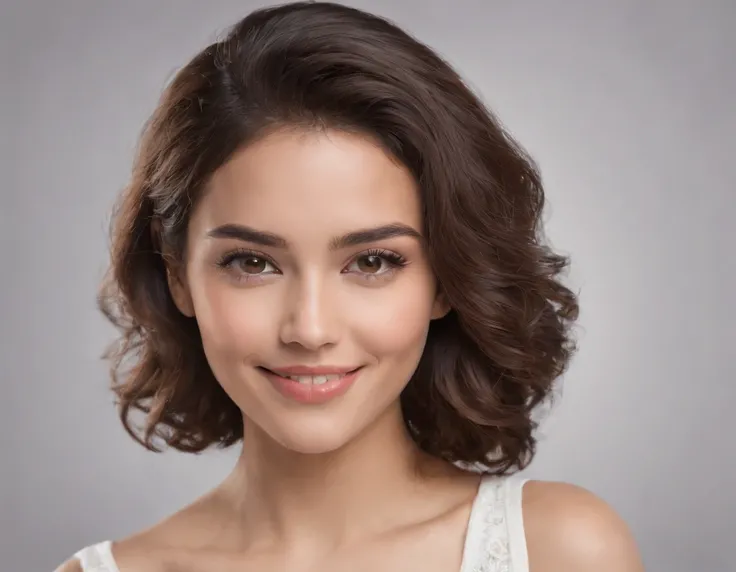 (Photo: 1.3) af (realism: 1.3), (Hispanic), Latina woman profile picture, (frontal close-up), soft light, clear face, happy, cheerful, warm light, white T-shirt, (off-white background), (blank background), (gray wall background)) avatar, (curly hair), smil...