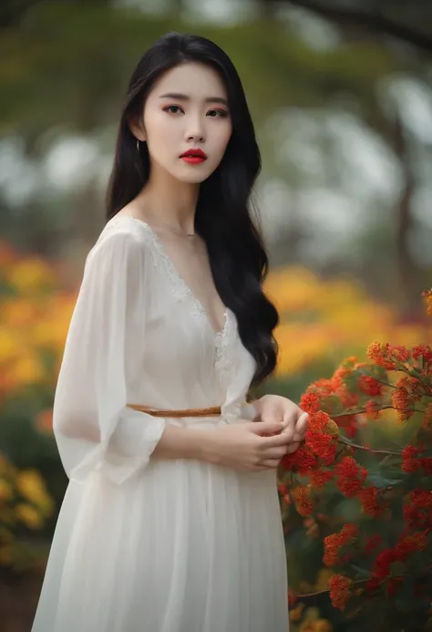 korean girl, long black hair, big lips, long white dress, 20 years old