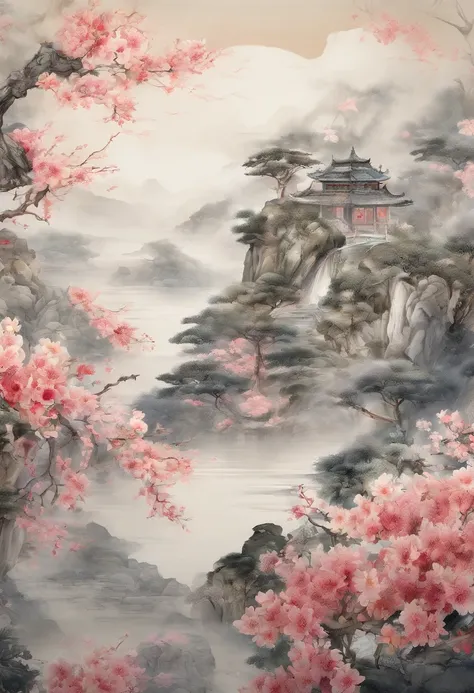 Field with beautiful flowers (close-up cleavage), meditate, Zazen, A meditative (Chinese landscape painting), (ink and watercolor painting), (8k wallpaper), (Light and Shadow Effect), rendering by octane, White balance design, Extremely detailed image repr...